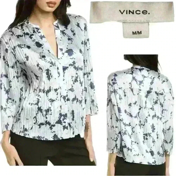 VINCE Satin Pleated/Crinkle Fabric Lotus Floral Blue Pink Button Blouse M - Picture 1 of 13